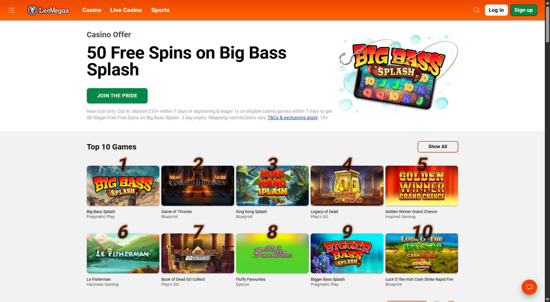 8. LeoVegas- Bonus popolare del casinò Satispay