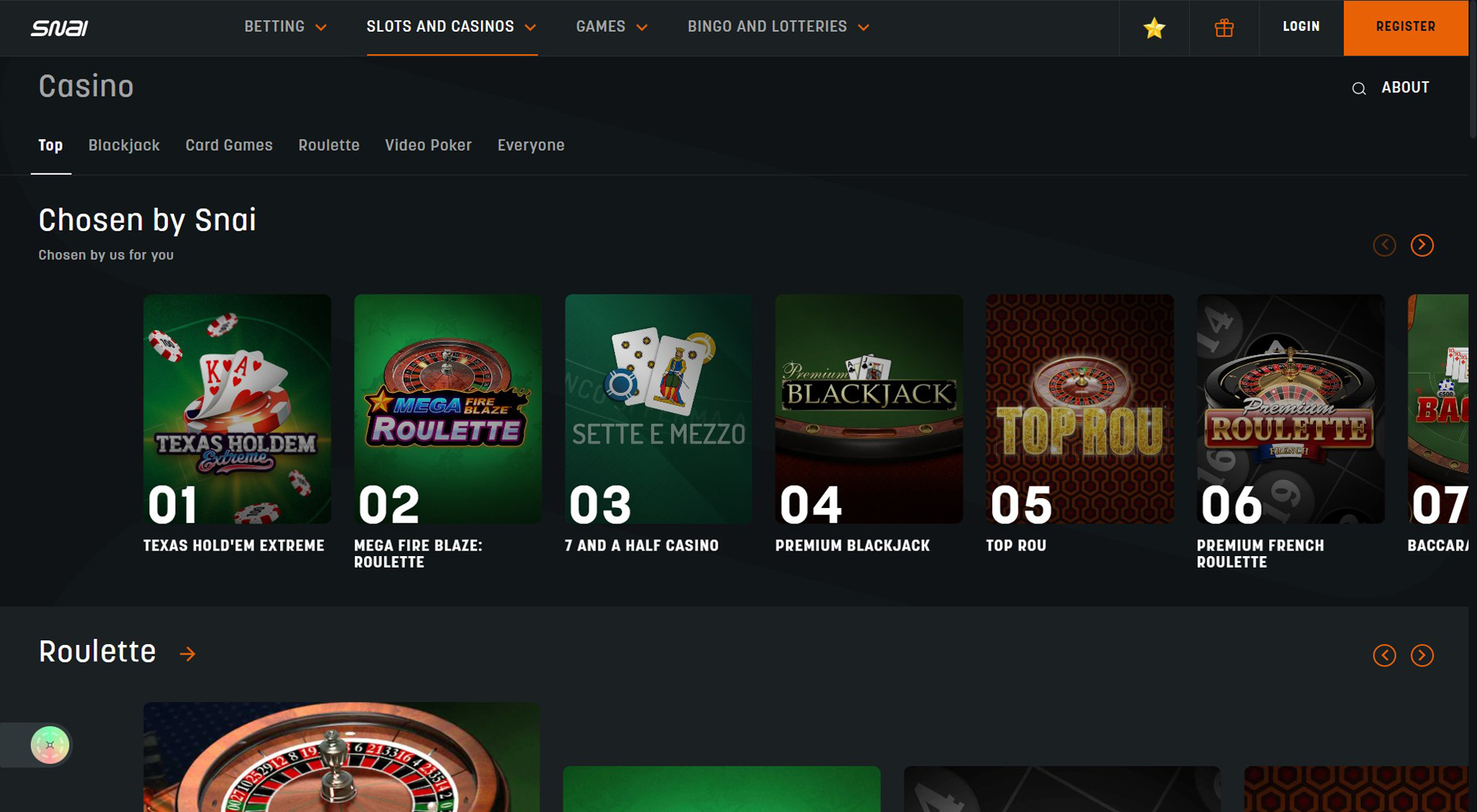 1. SNAI- La migliore scelta per il casinò Satispay